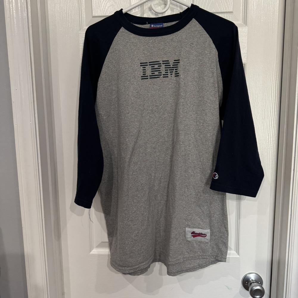 VINTAGE 1990s IBM COMPUTERS BLUE GRAY RAGLAN 3/4 SLEEVE SHIRT 1990s baseball L